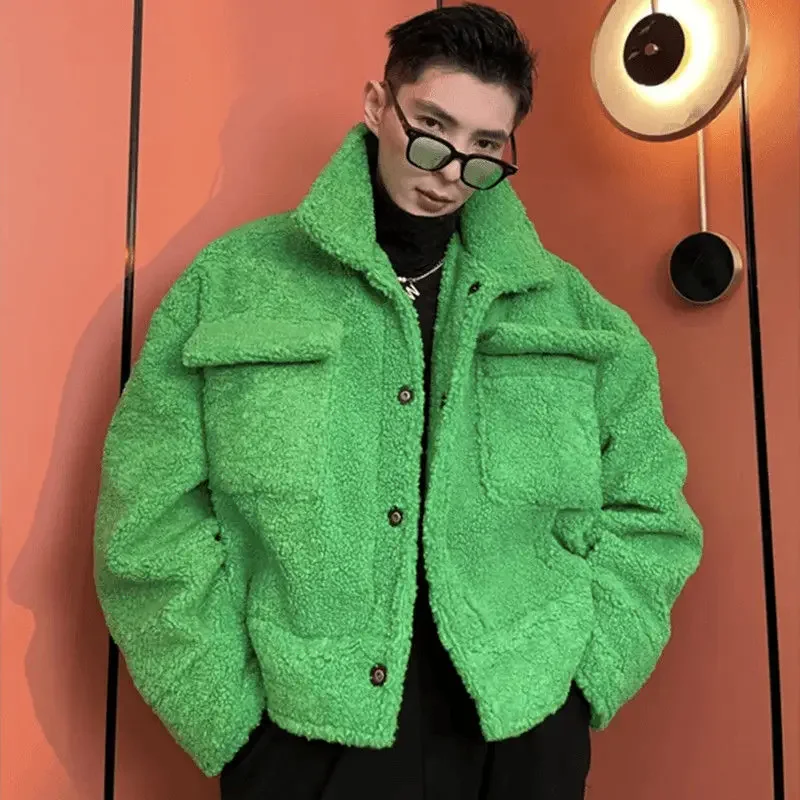 Green Ruffian Jacket for Men Lamb Wool Thickened Padded Jacket Plush Winter Trendy Baseball Clothes Single-breasted Hipster Coat