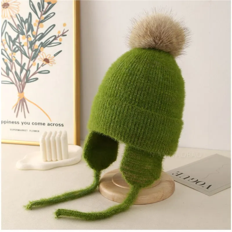 الكورية مختلط اللون لطيف أفخم الأشرطة حماة الأذن محبوك منفذها قبعة المرأة بسيطة الحلو لينة لطيف شتاء دافئ قبعة قبعة #6