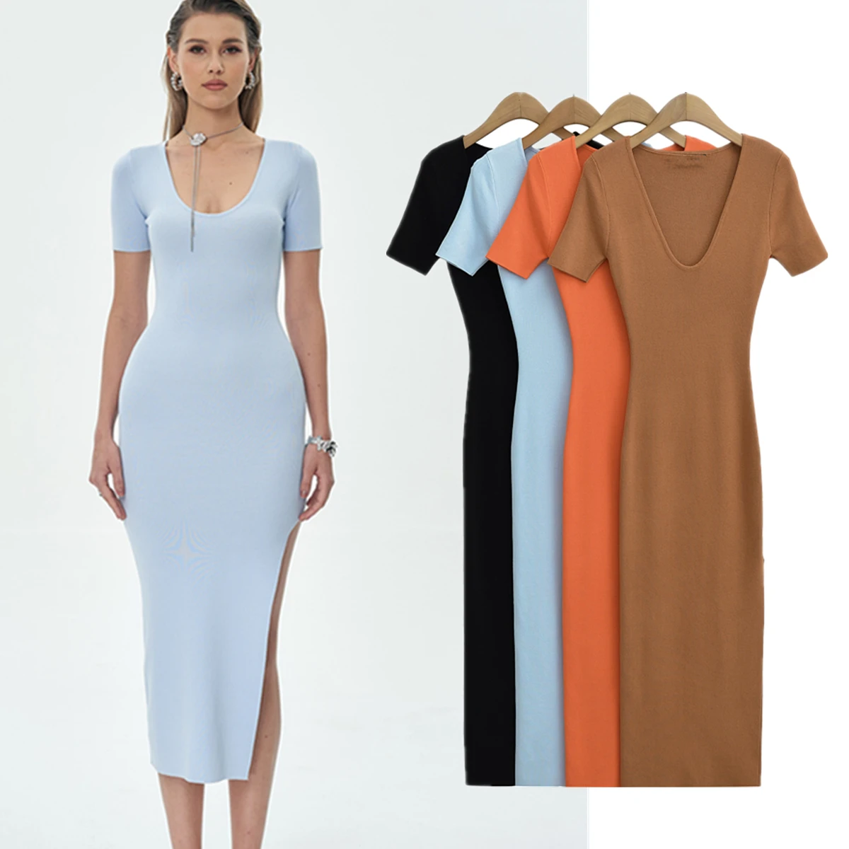 

Withered Summer Dress Nordic Minimalism Knitted Dress Short Sleeve Party Dress Round Neck Slim Fit Dress Women Sexy Split