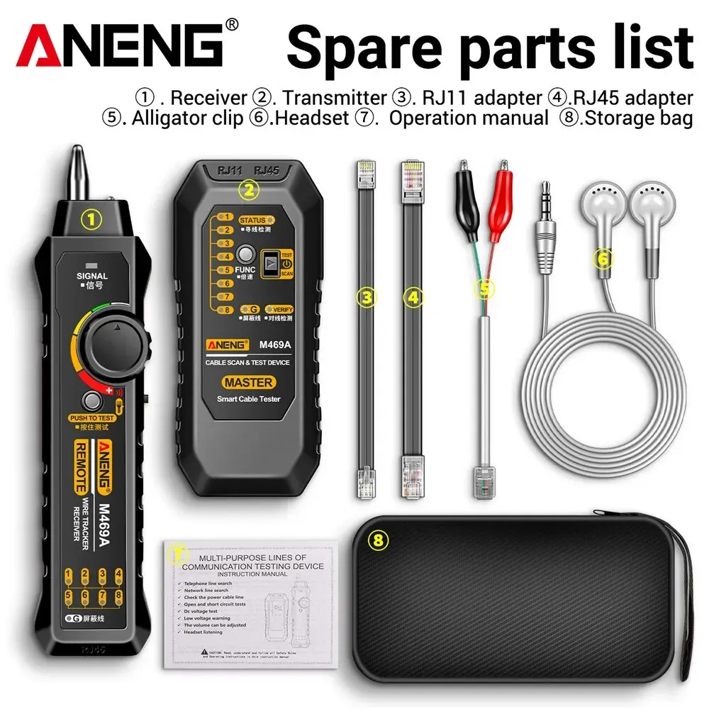 Aneng M469a Smart Network Kabel Tester Rj45 Rj11 Lan Kabel Tester Finder Wire Tracker Ontvanger Netwerk Reparatie Elektrisch Gereedschap