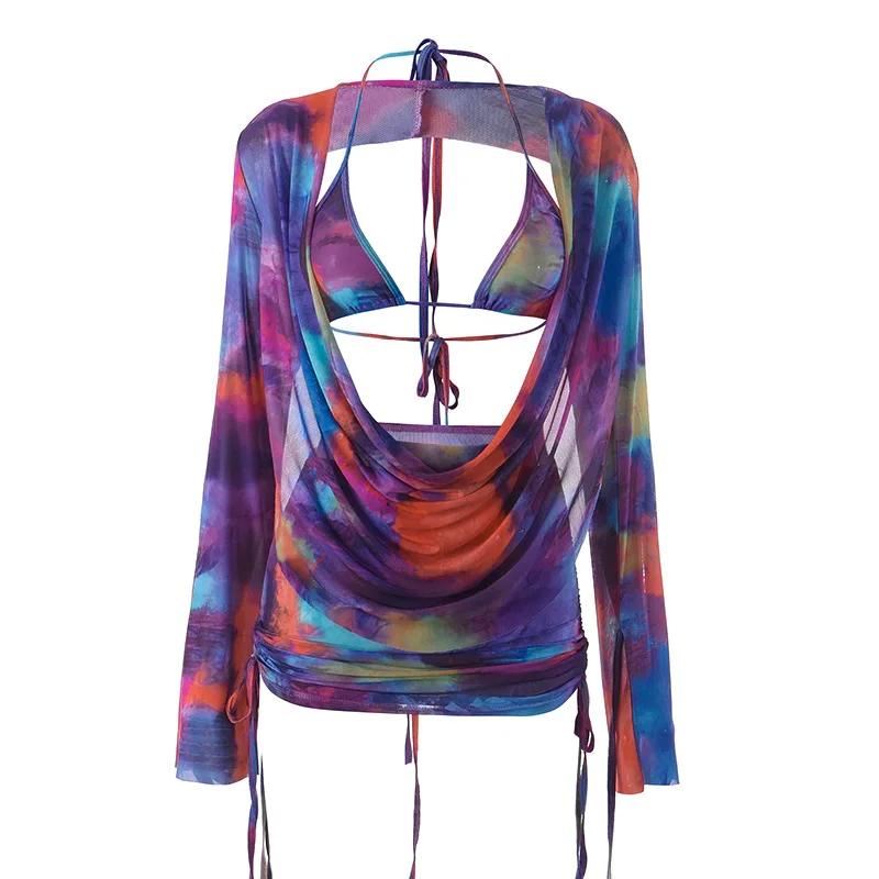 Colorful Long Sleeve Backless Lace Up Sexy Top Bikini Skirts 3 Pcs Set 2023 Spring Women Fashion Beach Vacation Outfits