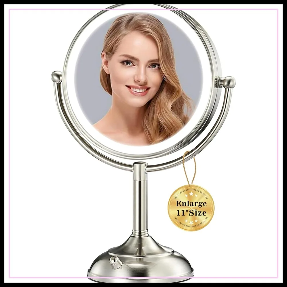 

11.8" Extra Large 17" Tall Lighted Makeup Mirror, 1X/5X/10X 3-Sided Magnifying Mirror with 96 LEDs, 3 Color Dimmable Lights, 360° Swivel Dual Power Vanity Mirror, Gift Box
