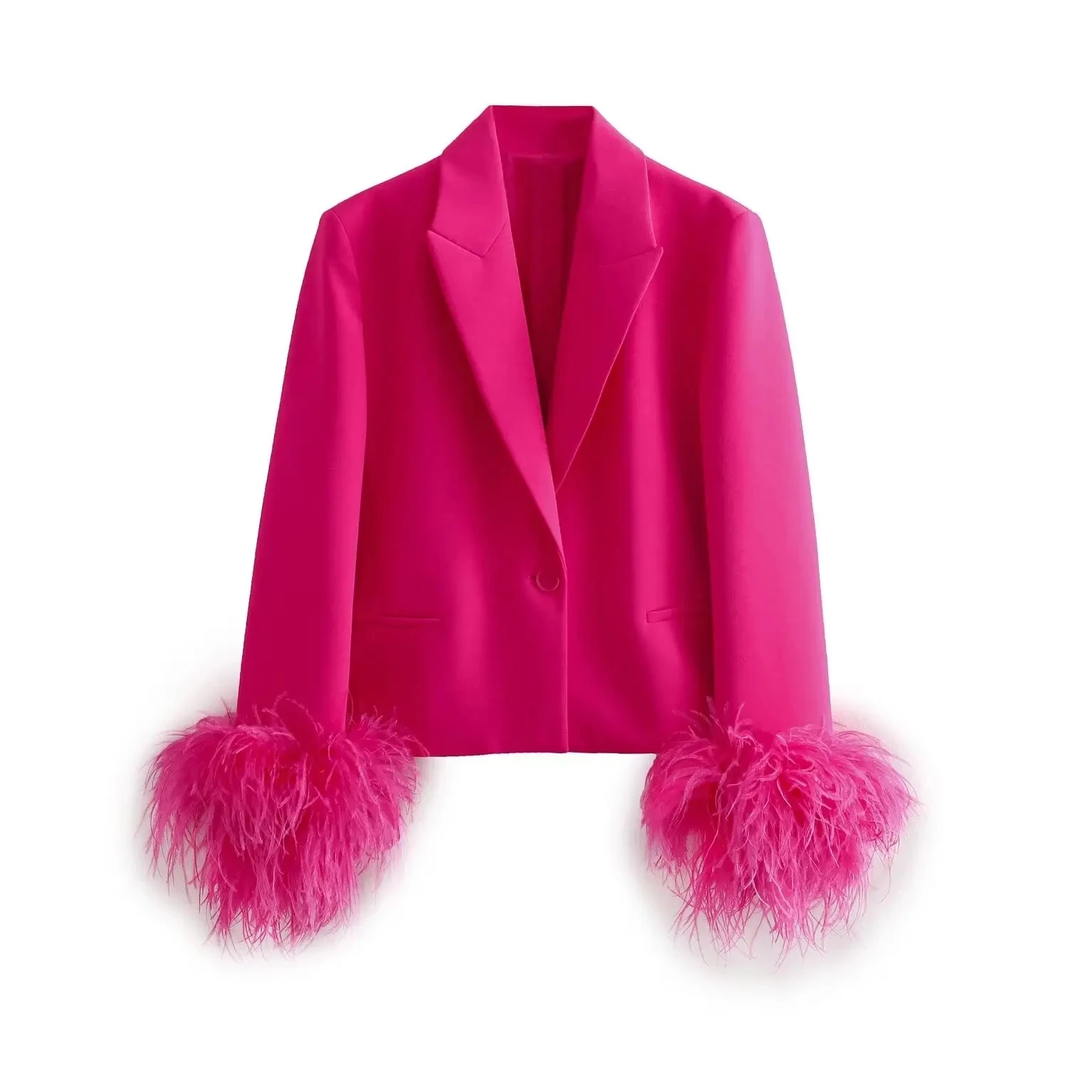 ZA Fashion Pink Feathers Sleeve Blazer Women Elegant One Button Jacket Trousers 2024 Casual Autumn Office Outfits