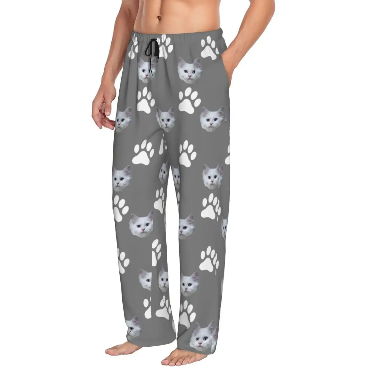 Custom Personalized Pet Cat Face Pajamas Pajama Pants Men's Sleepwear Lounge Sleep Bottoms Stretch with Pockets