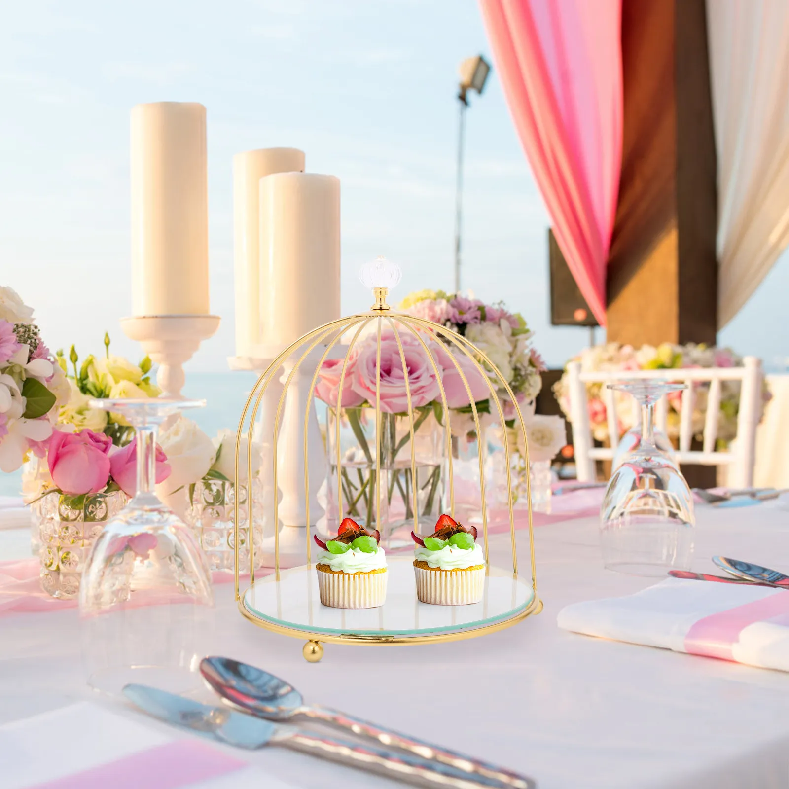 Golden Bird Cage Cake Stand Elegant Metal Dessert Display Stand for Wedding Shower Party Tiered Cupcake Fruit Serving Tray - view 5