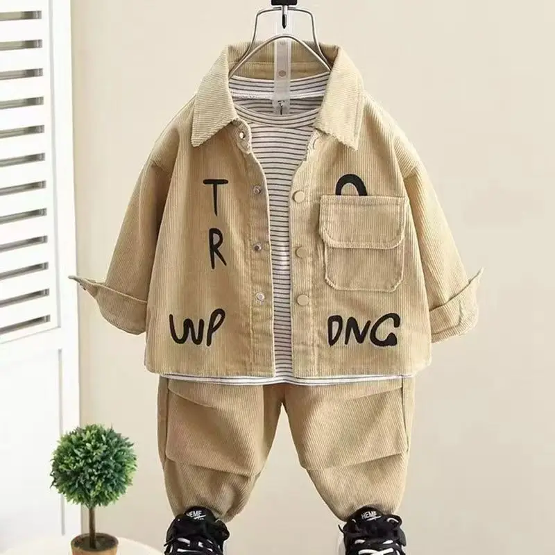 

Boys Casual Autumn Set 2025 New Korean Letter Printing Handsome Baby Spring Loose Thin Corduroy Long Sleeve 2pcs Set Outfits