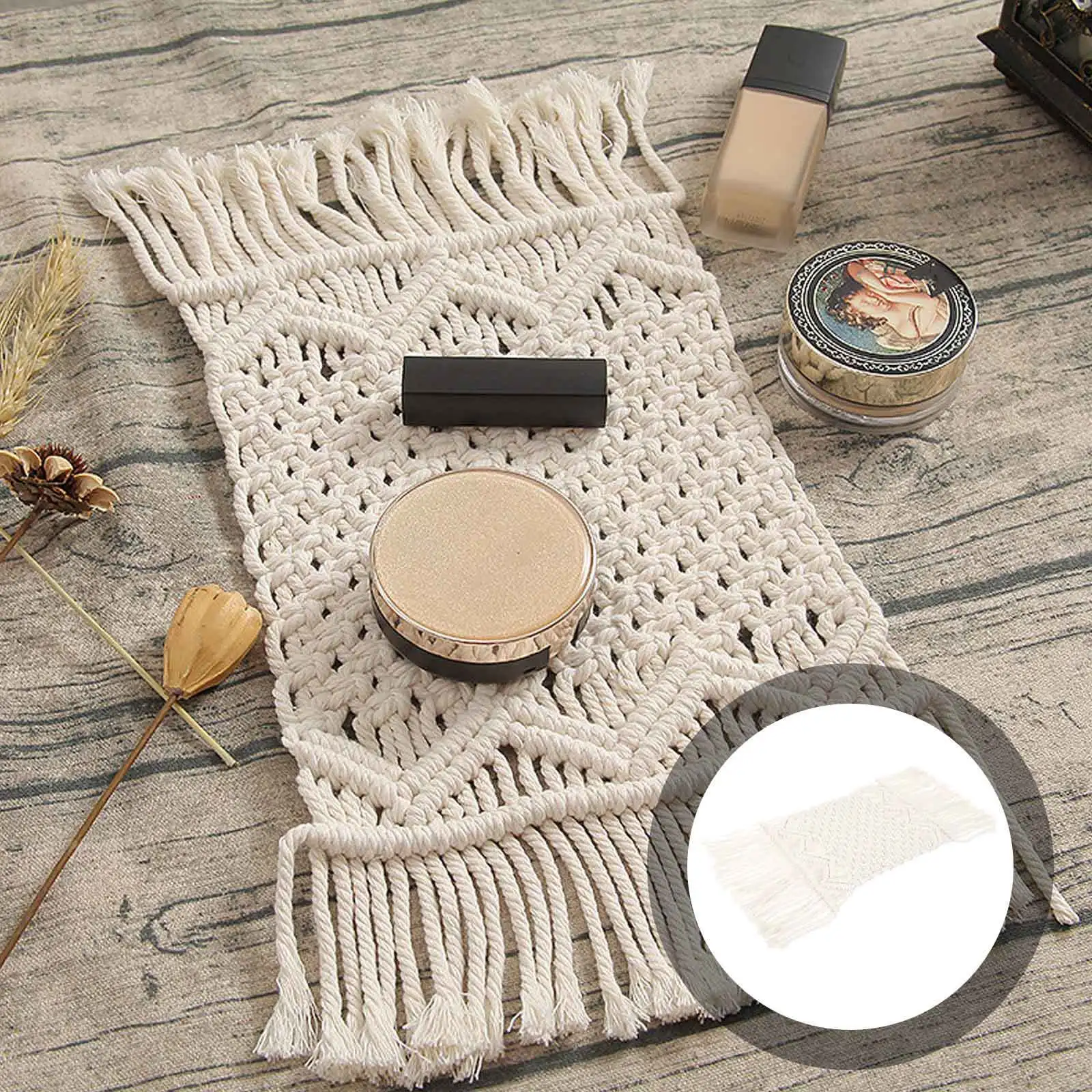 

Teal Crochet Table Runner for Round Dining Table Outdoor Cotton Tablecloth Decor Tassel Dresser Mat Rust Beige