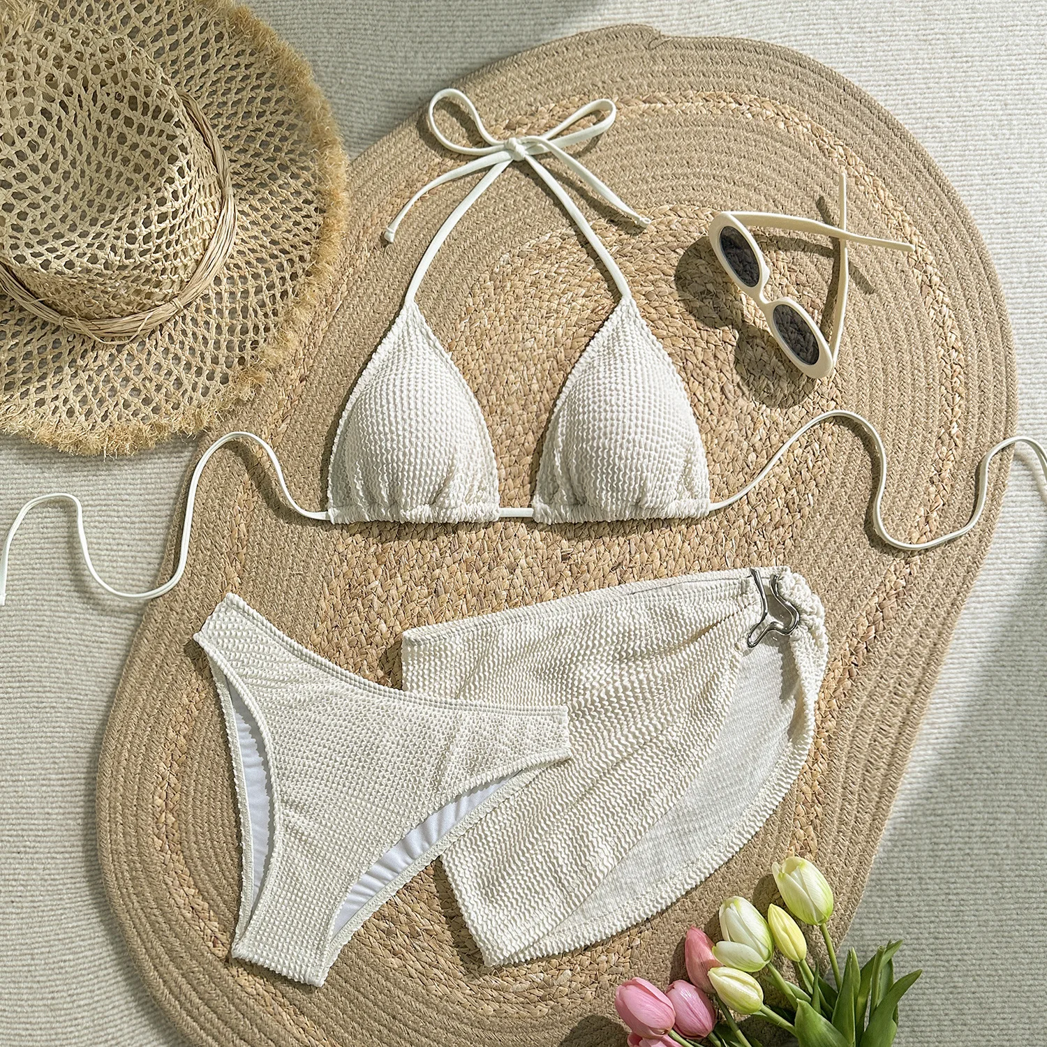 Conjuntos de bikinis acanalados lisos sexys, 3 uds. Con minifalda irregular, trajes de baño con lazo halter, traje de baño, trajes de playa, bikini tankini