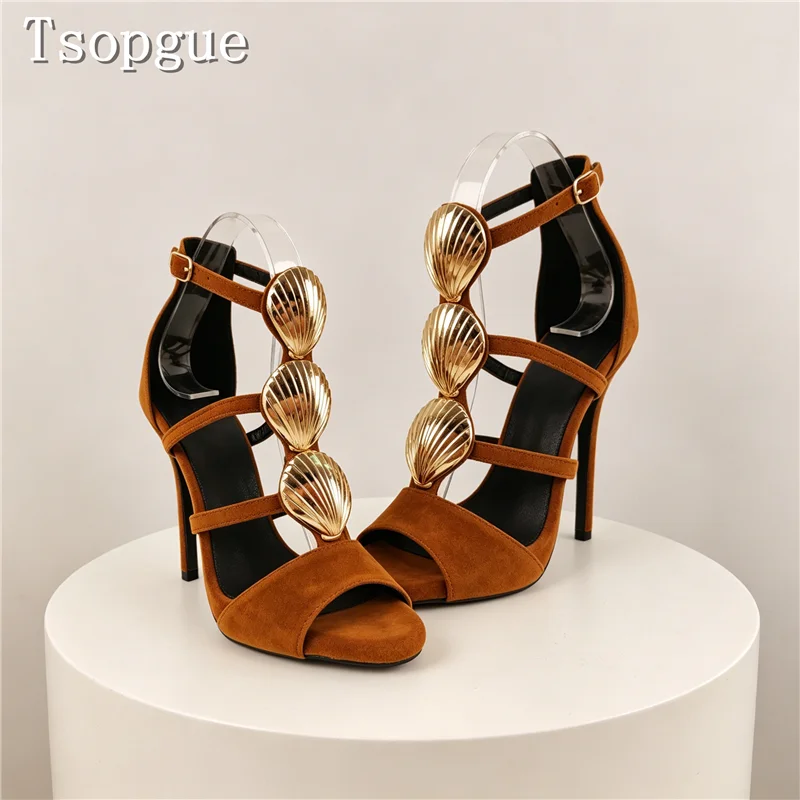 

Women's Brown Faux Suede High Heel Sandals Gold Shell Decor Open Toe Ankle Buckle Strap Stilettos Summer Party Dress Shoes