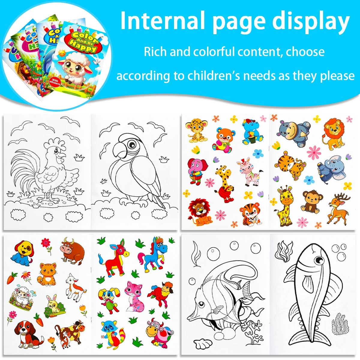 Preschool Children's Coloring Book with Funny Animal Cartoon Graffiti Stickers Educational Learning Gift for 2-5 Years Old Kids