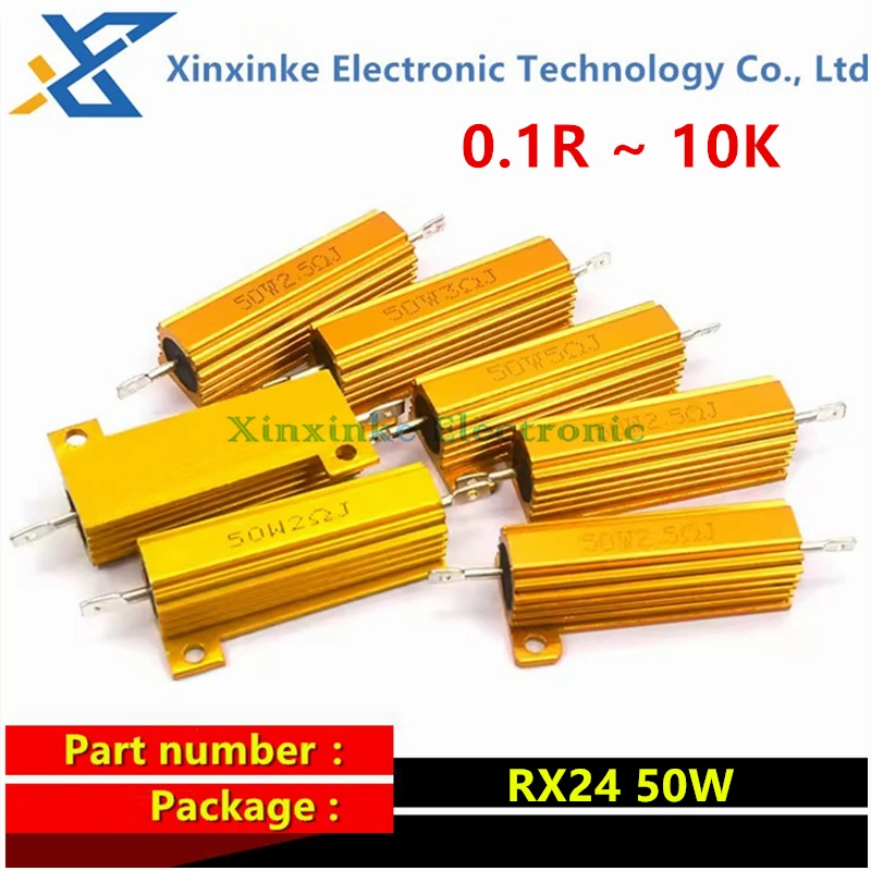 5PCS RX24 50W 0.1R ~ 10K ohm Gold Aluminum Power Metal Shell Case Wirewound Resistor 0.33 0.47 0.68 0.75 1 2 3 5 10 20 50 200R