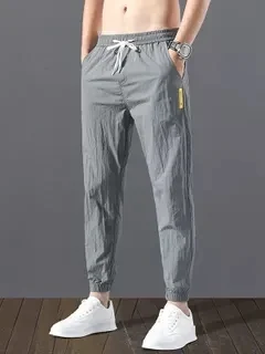 

Ice Silk Casual Pants Men's Loose Cuffed Sports Qui Dry Thin Workwear Summer Trousers for Office And Construction Site