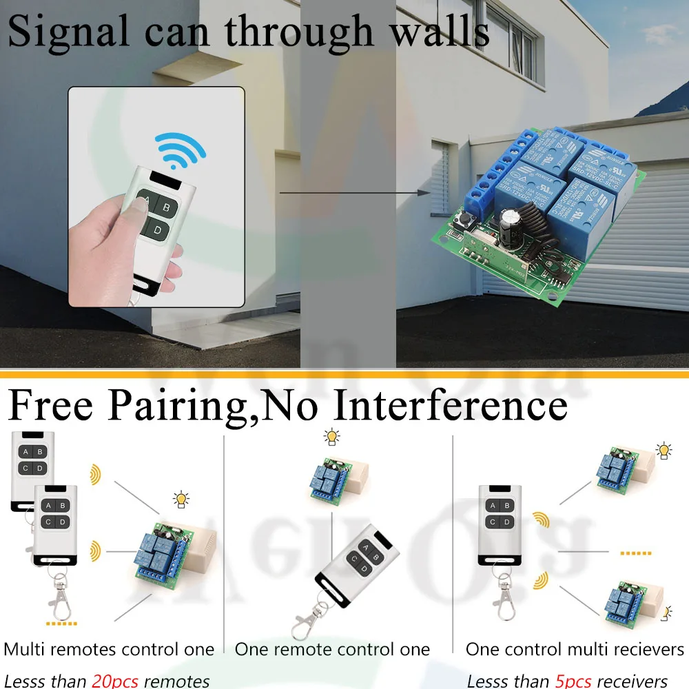 WenQia 12V 4CH Wireless Relay Receiver RF 433MHz Remote Control Switch Moulde Transmitter for Light/Car/Garage/Truck/Motor 10A