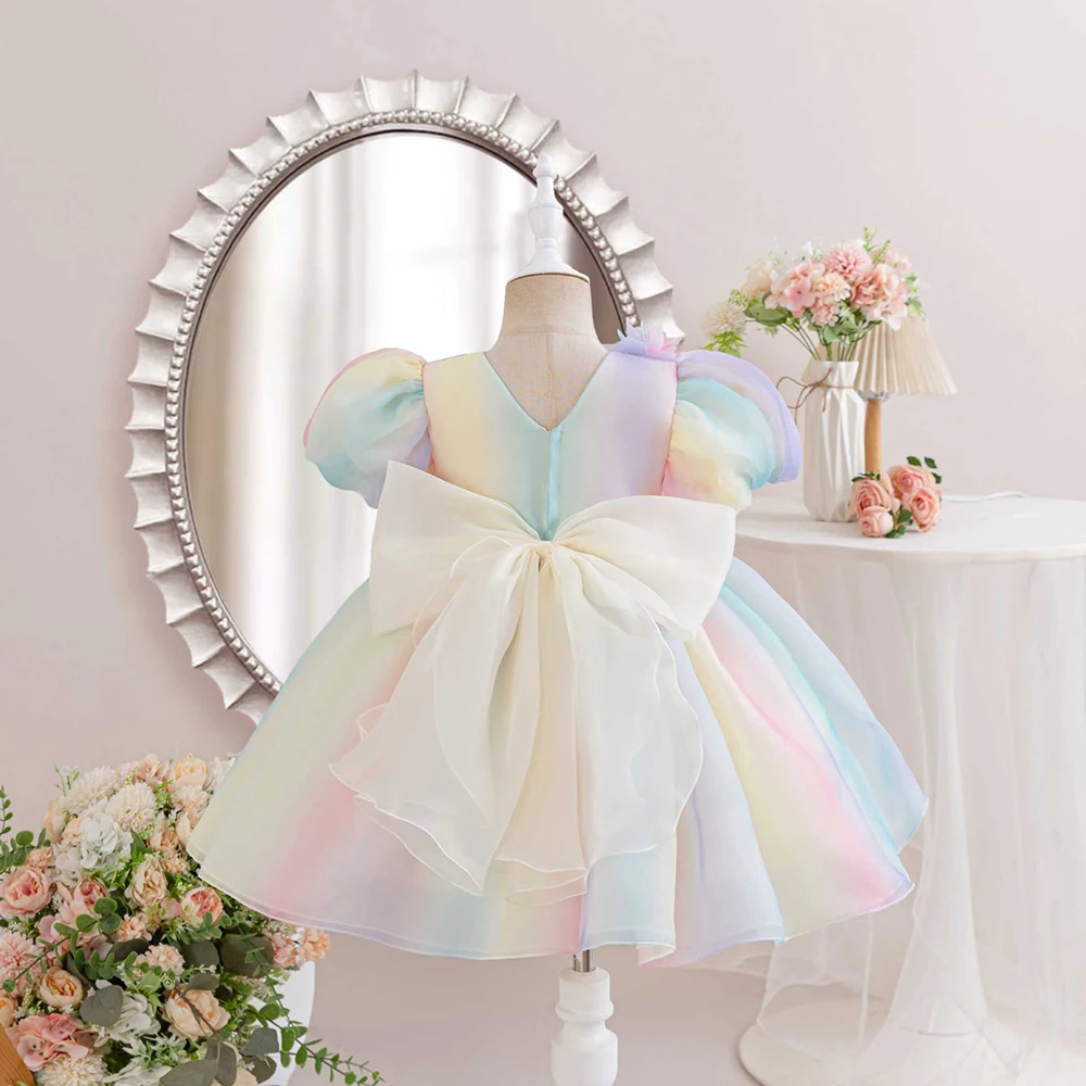 HETISO Gradient Baby Girl Dress Appliques Puff Sleeve Child Tulle Princess Dresses for Vestido Pageant Party Birthday Holiday