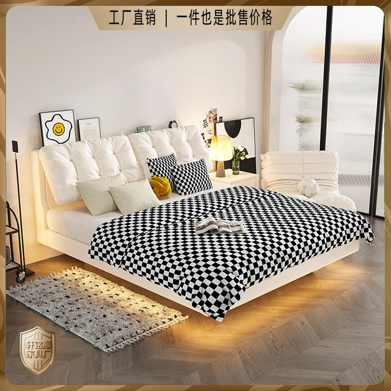 Modern simple cream wind cloud leather suspension bed flush edge master bedroom Internet celebrity storage double leather art be