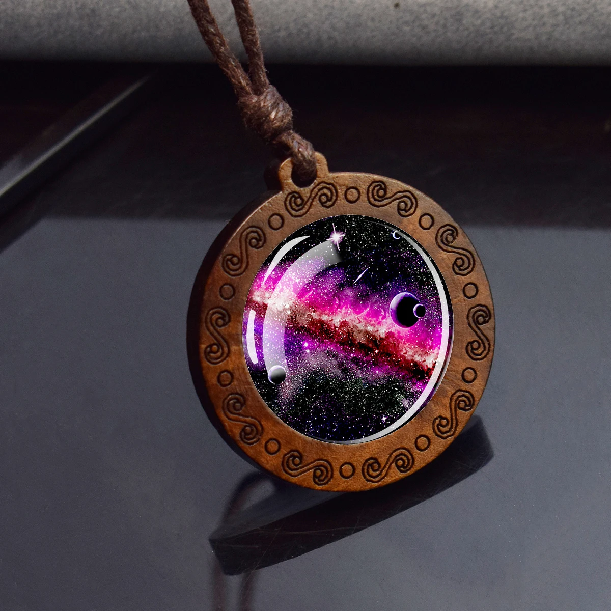 Spiral Galaxy Planet Necklace Wooden Pendant Rope Chain Necklace Nebula Space Jewelry Astronomy Gift