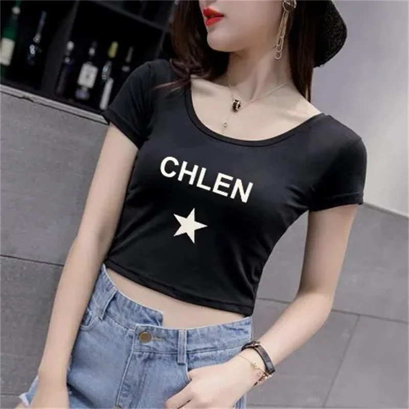 

2023 Summer Short Top Short Sleeve Female Top Crop Women's High Waist V-neck Round Neck Tight Solid Color Base T-shirt Woman