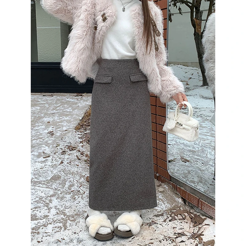 MEXZT Vintage Slit Midi Skirts Women Woolen Split A Line Skirt Streetwear Korean High Waist Solid Slim Chic Skirts Autumn Winter