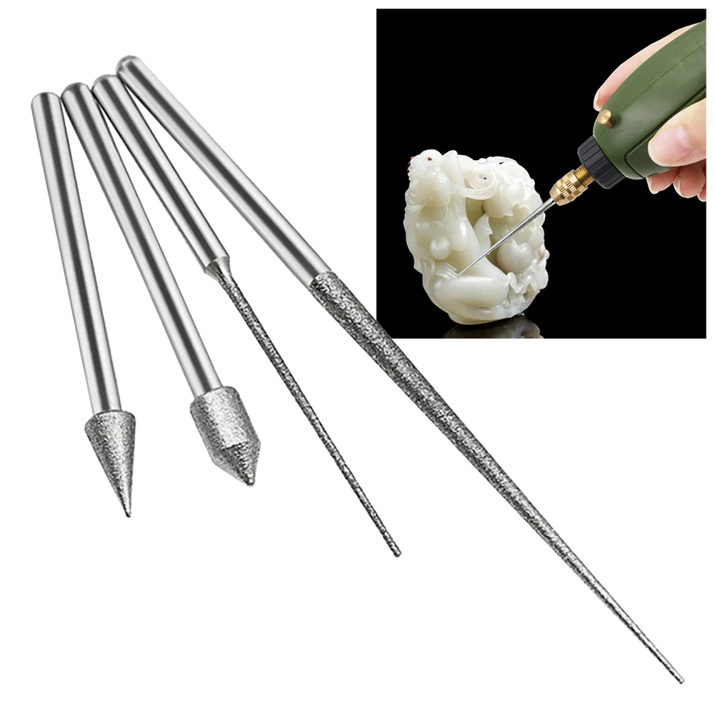 4Pcs/set 3mm Shank Diamond Grinding Head Needle Bits Burrs Engraving Carving Tool For Glass Tile Stone Drill Bit