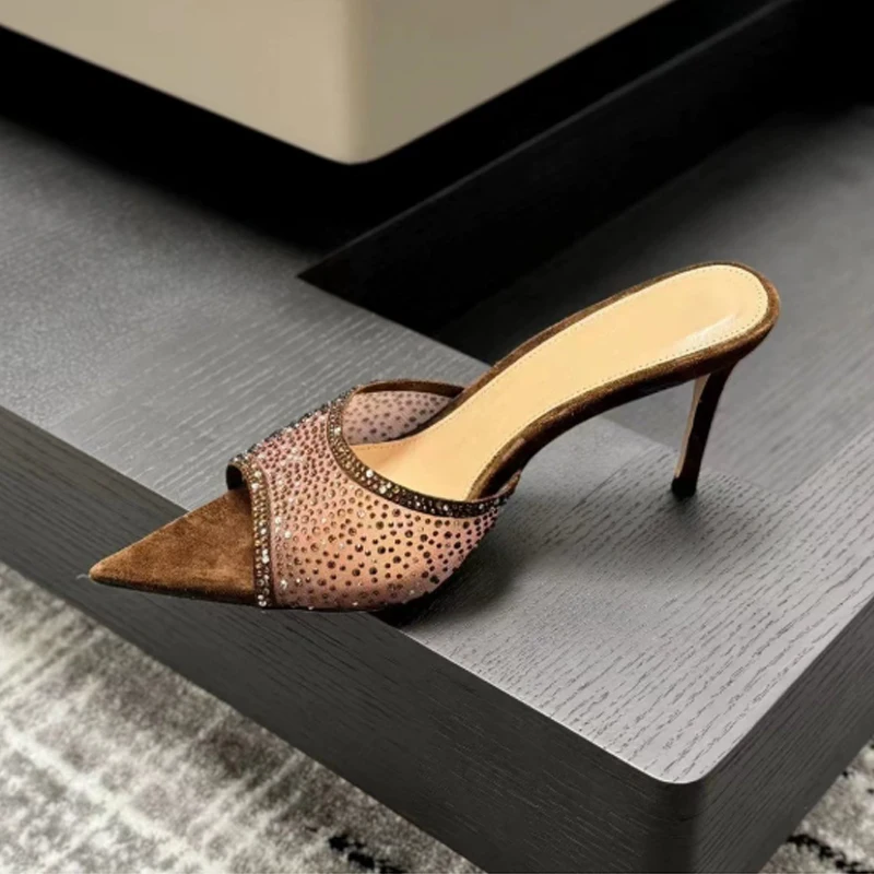 

Pointed Toe Crystal Open-Toe Stiletto Sandals Woman Summer 2025 Rhinestones Peep Toe Slip-On Slippers Fashion Shoes
