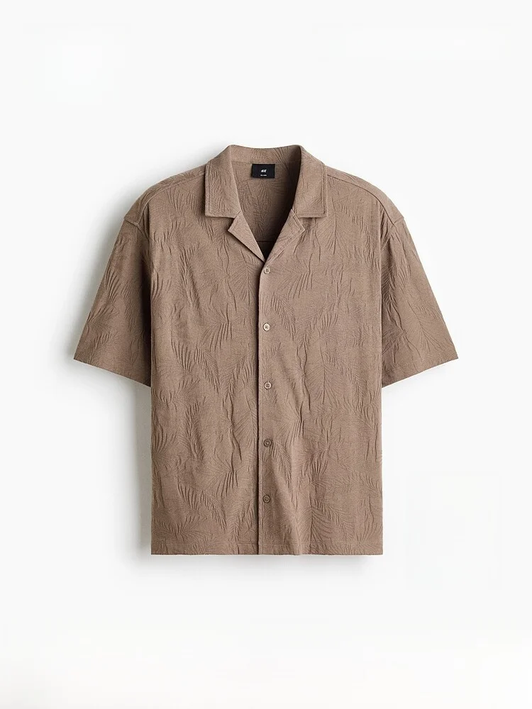 

H&M Men's Casual Style Cuban Collar Embroidered Shirt Summer New Standard Fit Polyester Cotton Blend Short Sleeve Open Cardigan