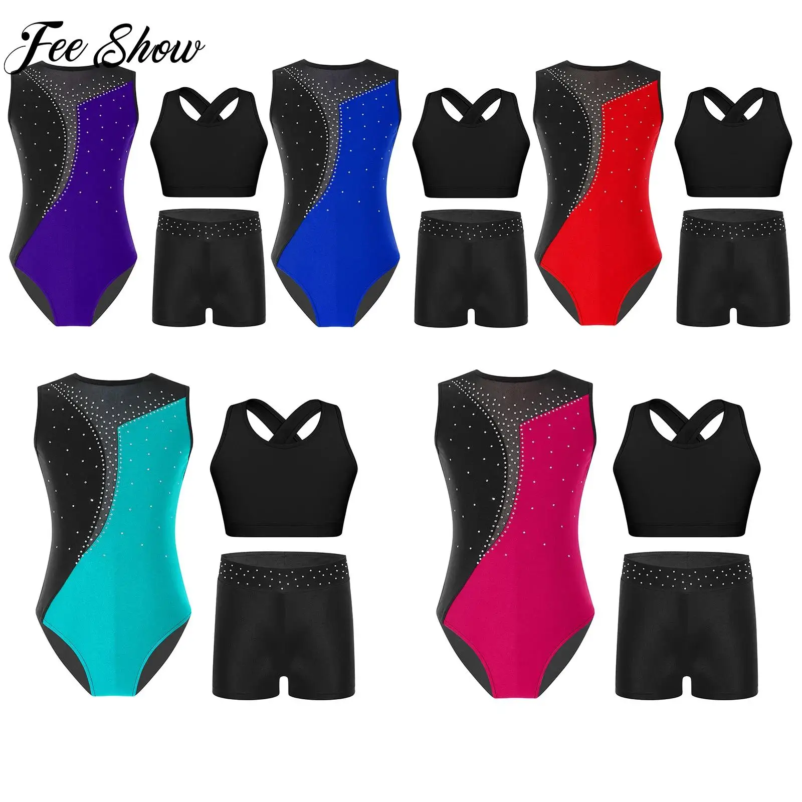 

Kids Rhythmic Gymnastics Costume Figure Skating Ballet Dance Outfit Girls Sleeveless Rhinestone Leotard+Bra Top+Shorts Dancewear