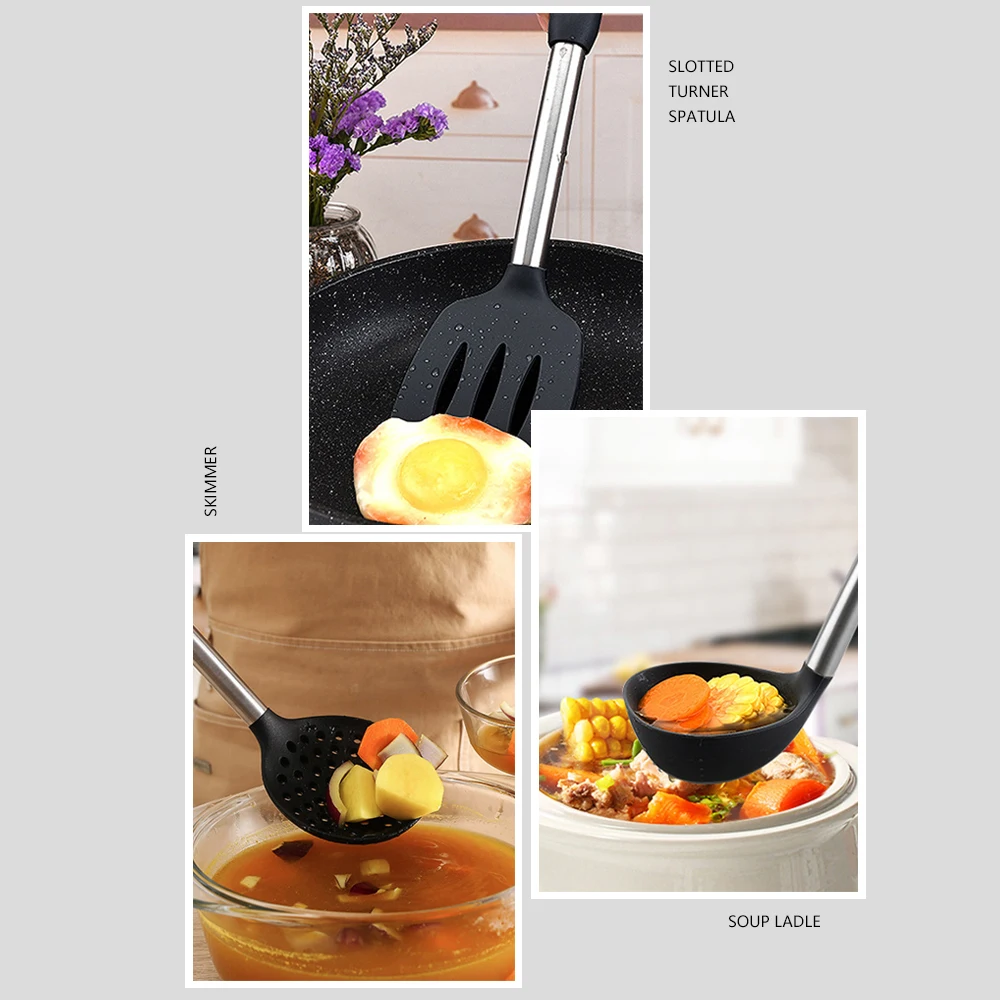 Silicone Kitchen Utensils Set, Heat Resistant, Non-Stick, Stainless Steel, Silicone Handle, Kitchen Tools, Accessories