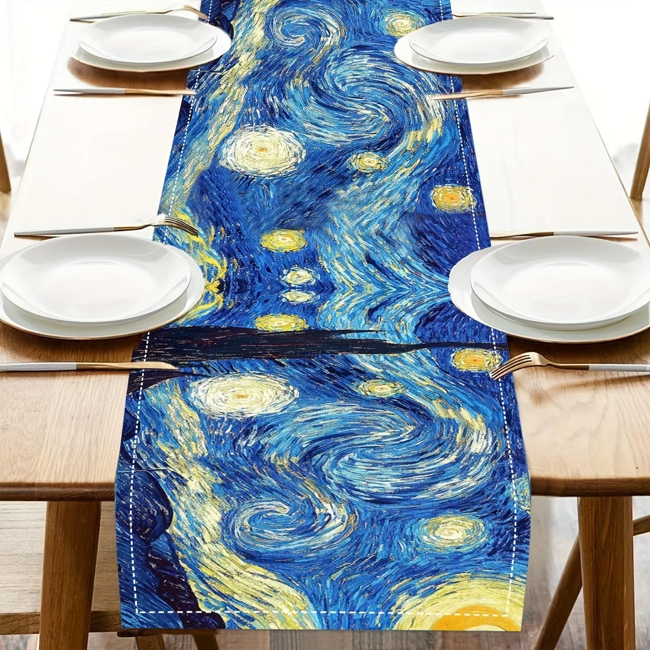 Van Gogh Starry Night Inspired Linen Table Runner Art Design For Dining Kitchen Decor Rectangular Farmhouse Sky And Moon Motif