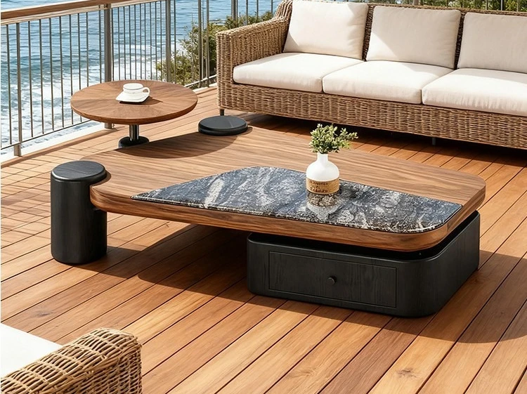 

Modern medieval style coffee table combination walnut leather special-shaped designer