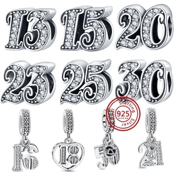 Cuentas de Plata de Ley 925 con número árabe, accesorio compatible con pulsera Pandora Original, joyería fina, número 16, 18, 20, 30, 40, 50 ° Aniversario