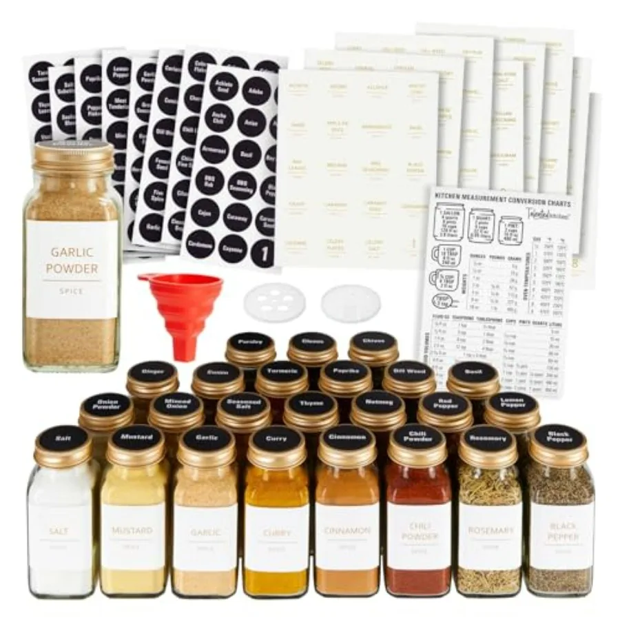 

Talented Kitchen Spice Jars 24Pack 6 oz Glass Jars with Gold Shaker Lids for Easy Seasoning Access Includes 328 Preprinted Labe