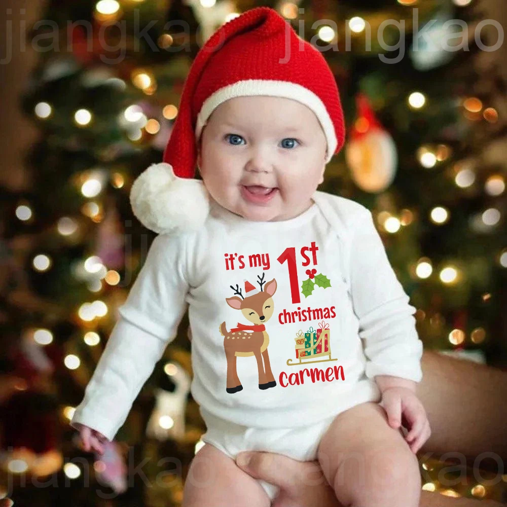 It's My 1st Christmas Print Baby Romper Personalized Newborn Xmas Party Bodysuit Custom Name Infant Long Sleeve Jumpsuit Clothes