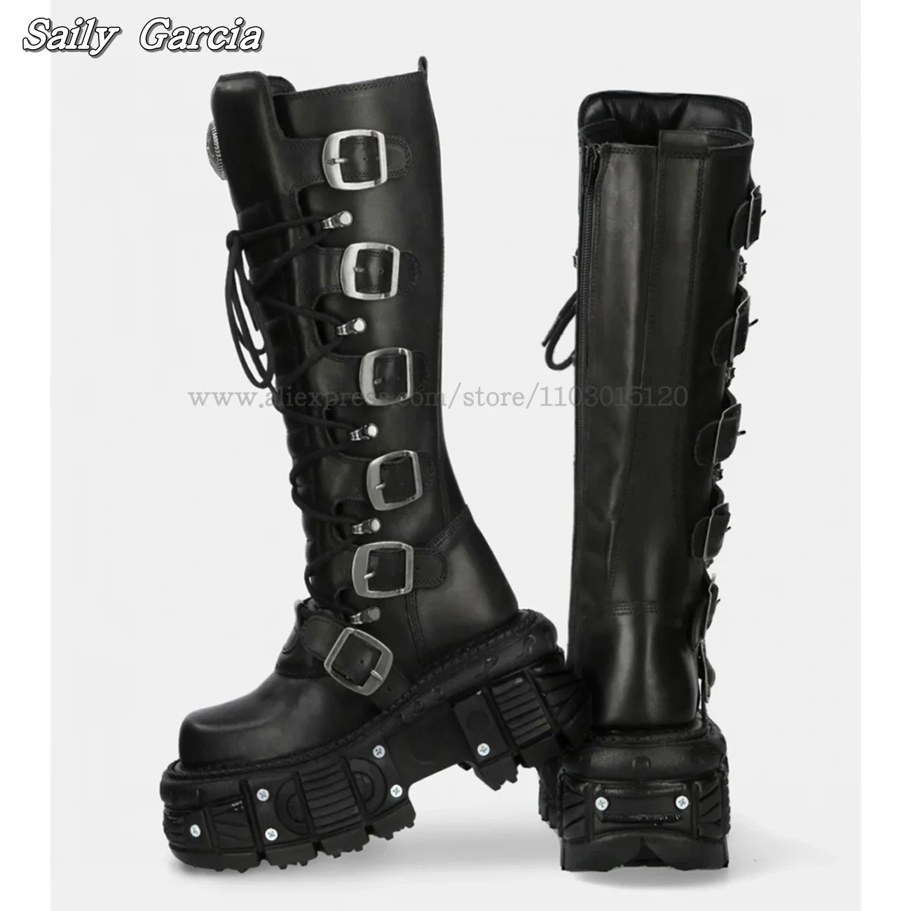 

Rock Punk Chunky Heel Knee High Motorcycle Boots Front Lace Up Metal Toe Size 35-44 Sexy Boots Cyberpunk INS Vintage Lady Boots