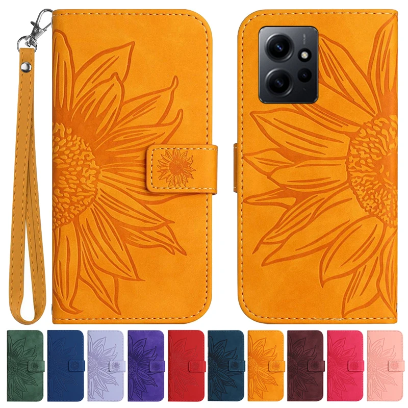 Sun Flower Flip Cover Case on For Xiaomi Redmi Note 12 Turbo 12S 12C Note12 Pro+ 12Pro Plus 5G Leather Cases Pattern Phone Shell