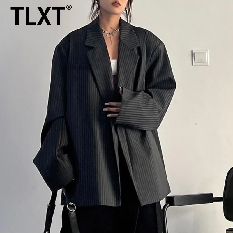 

TLXT Серый полосатый винтажный пиджак для женщин с лацканами и длинными рукавами, модная свободная базовая куртка, весна-осень 2024, новинка XK1311