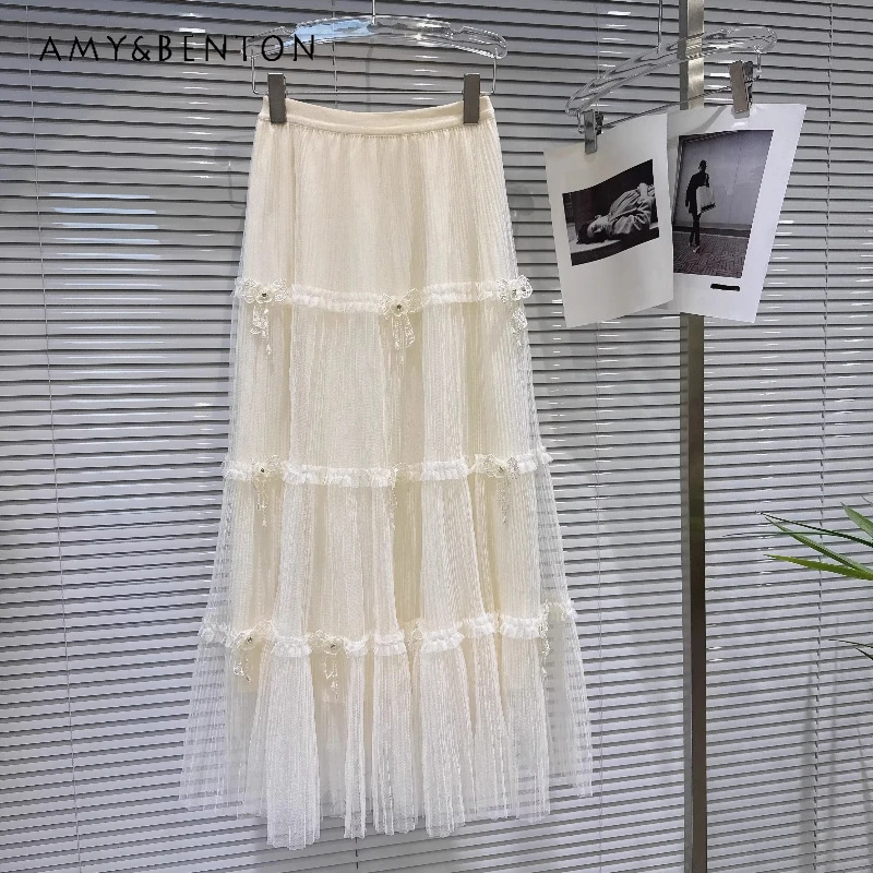 French Design Apricot Gentle Wind Mesh Women's Long Skirt 2026 Summer New Sweet Cute Bow Elastic Waist Versatile Skirts Ladies