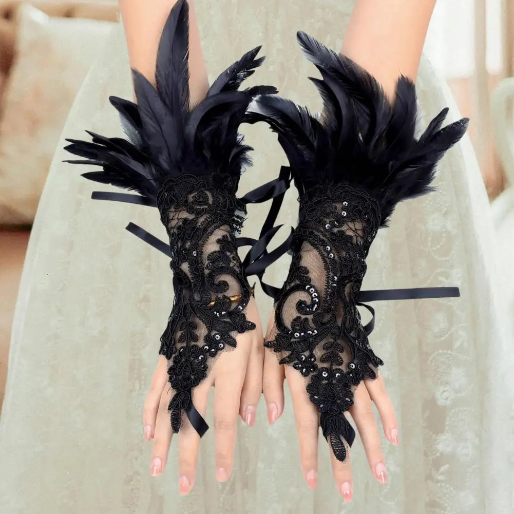 1Pc Punk Gothic Gloves Feather Wrist Cuff Mesh Sleeve Halloween Party Embroidery Mitten Female Stage Accessory Cosplay Costume