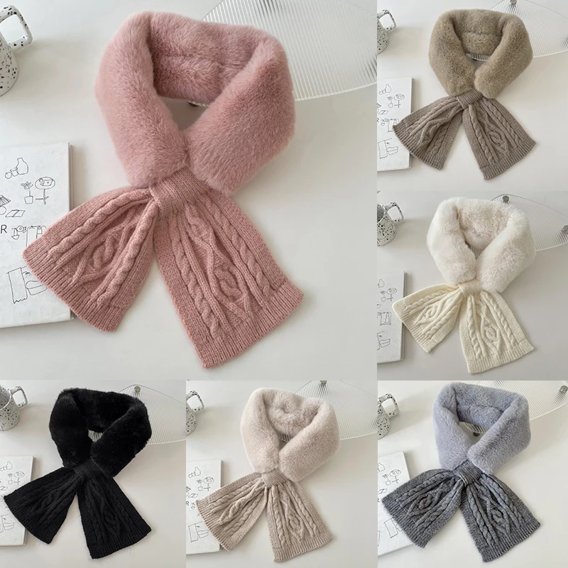 Wool Knit Cross Fur Collar Scarf False Collar Plush Scarves Fluffy Knitted Shawl Faux Rabbit Fur Women's Scarf Winter Echarpe