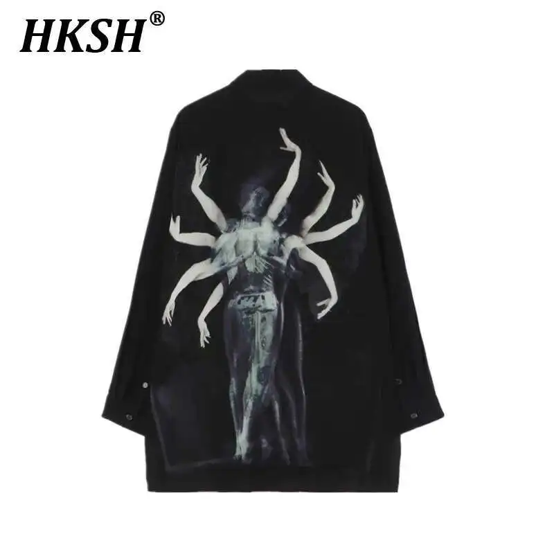 

HKSH Spring Summer New Men's Tide Niche Design Shirts Women Overlapping Print Tops Dark Abstinence Chic Long Sleeve Shirt HK1236