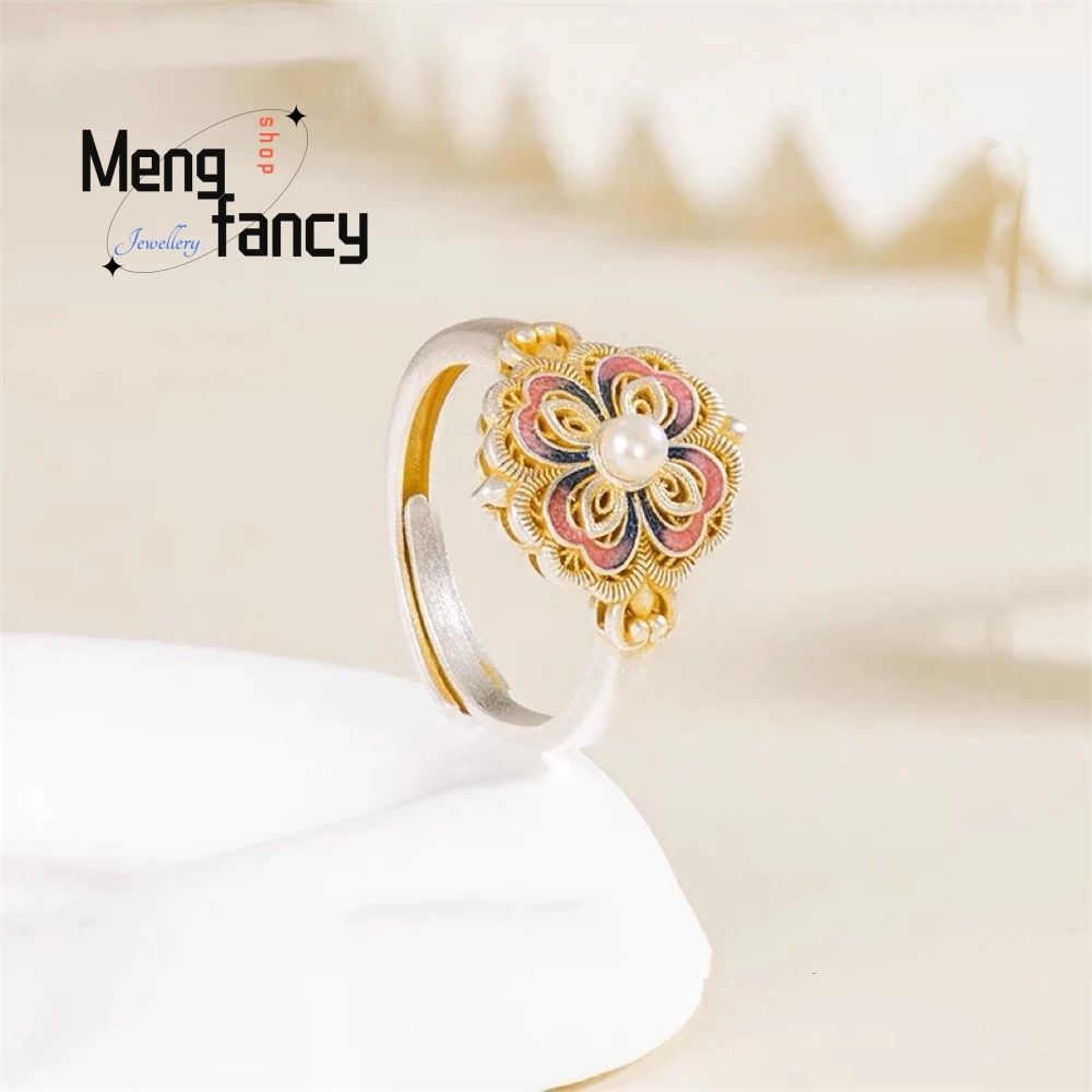 

New Silver Filigree Floral Ring For Women, A Fashionable And Elegant New Chinese - Style Enamel Color Ring Fashion Jewelry Elega