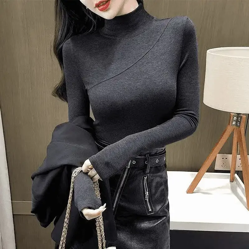

Fleece-lined Thickened Warm Inner Wear Semi High Neck T-shirt for Women Autumn Winter Slim Fit Sexy Top Fashion Women Clothing