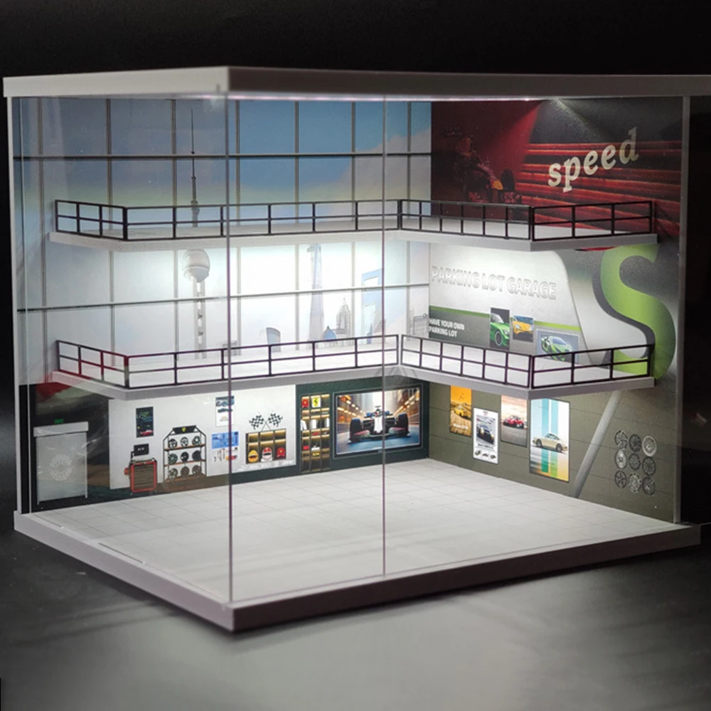 1-18-24-64-43-scale-diecast-car-garage-diorama-model-display-case-with-led-light-simulation-toy-cars-parking-lot-scenery
