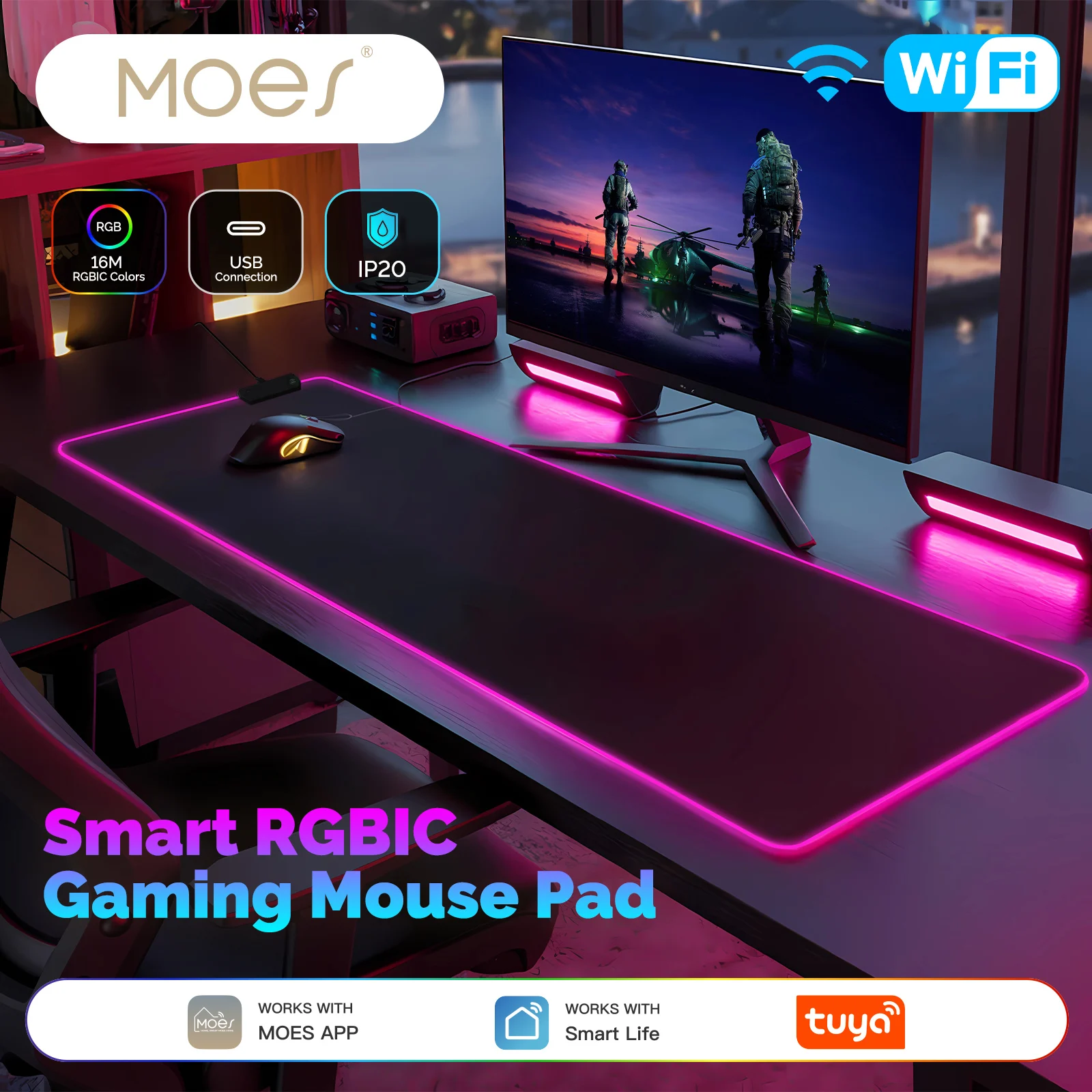 

MOES WiFi Smart RGBIC игровой коврик для мыши водонепроницаемый Tuya DIY от 16 миллионов цветов RGB атмосфера настольный коврик для ПК компьютера