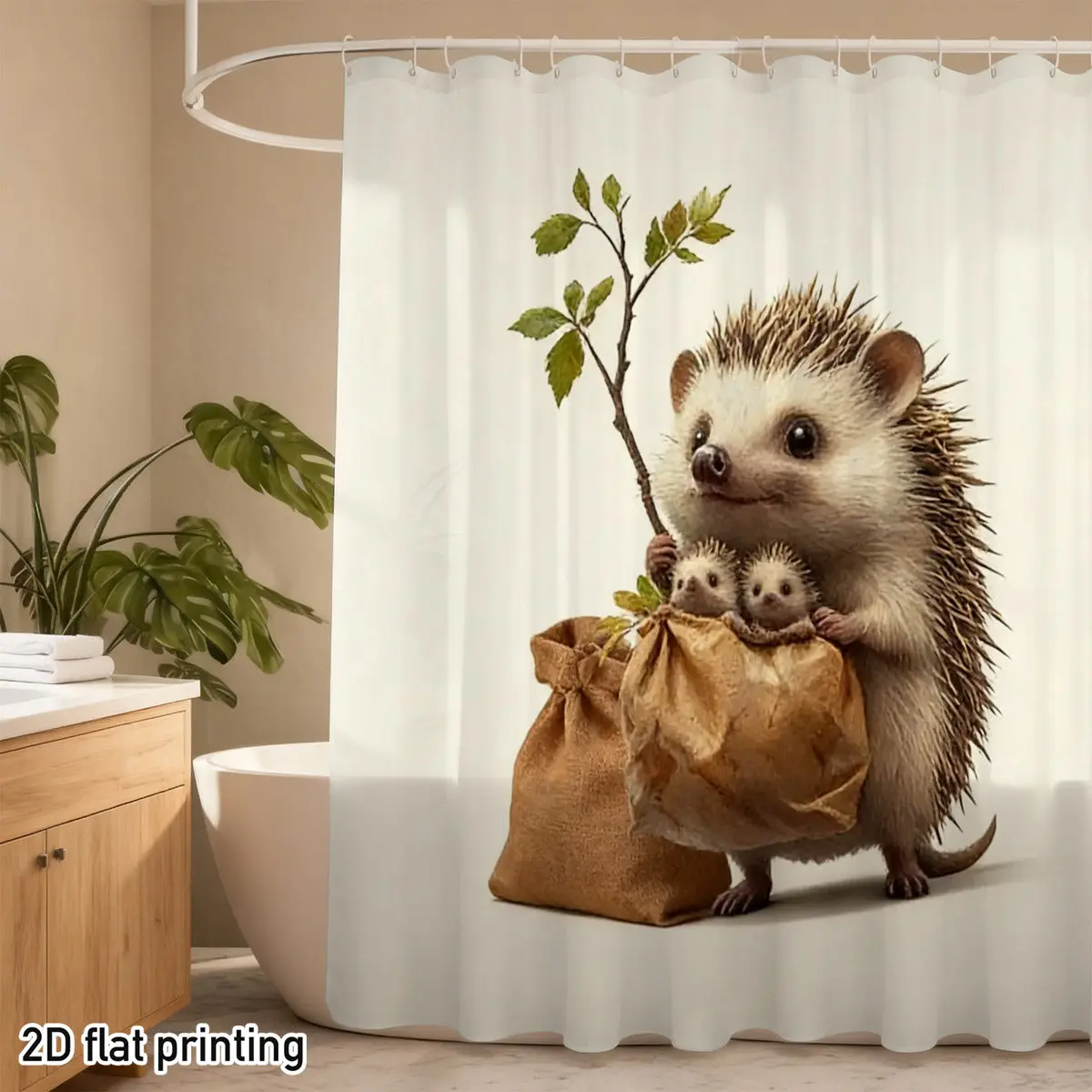 

Cute Hedgehog with Baby Shower Curtain, Realistic Animal Print, Nature Design, Waterproof Polyester, Bathroom Decor