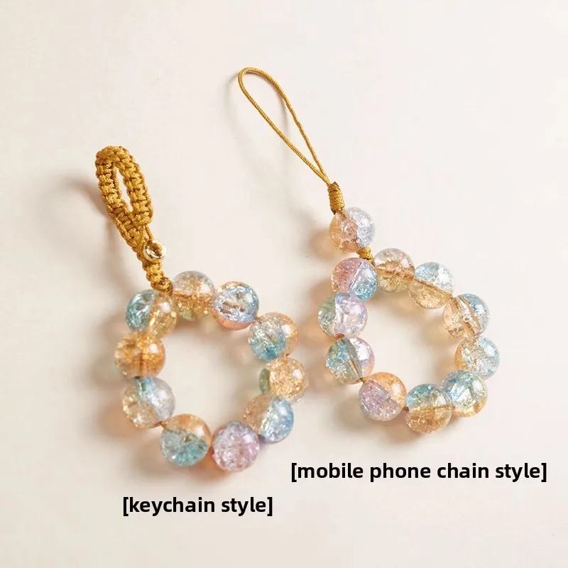 Chinese Style Lucky Cracked Crystal Colored Glaze Beaded Phone Lanyard Wrist Strap Feng Shui Blessing Good Fortune Pendant For