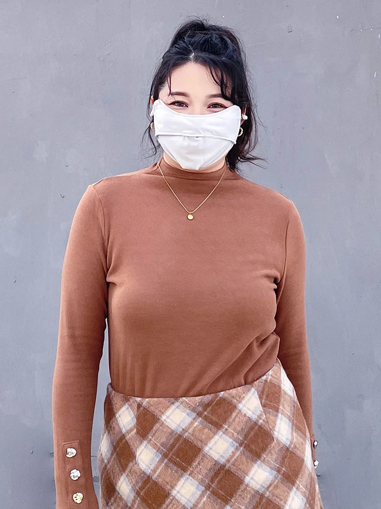 

Женская базовая футболка больших размеров с высоким воротником, свободного кроя, из тонкого вельвета, для осени и зимы, повседневная, с длинным рукавом