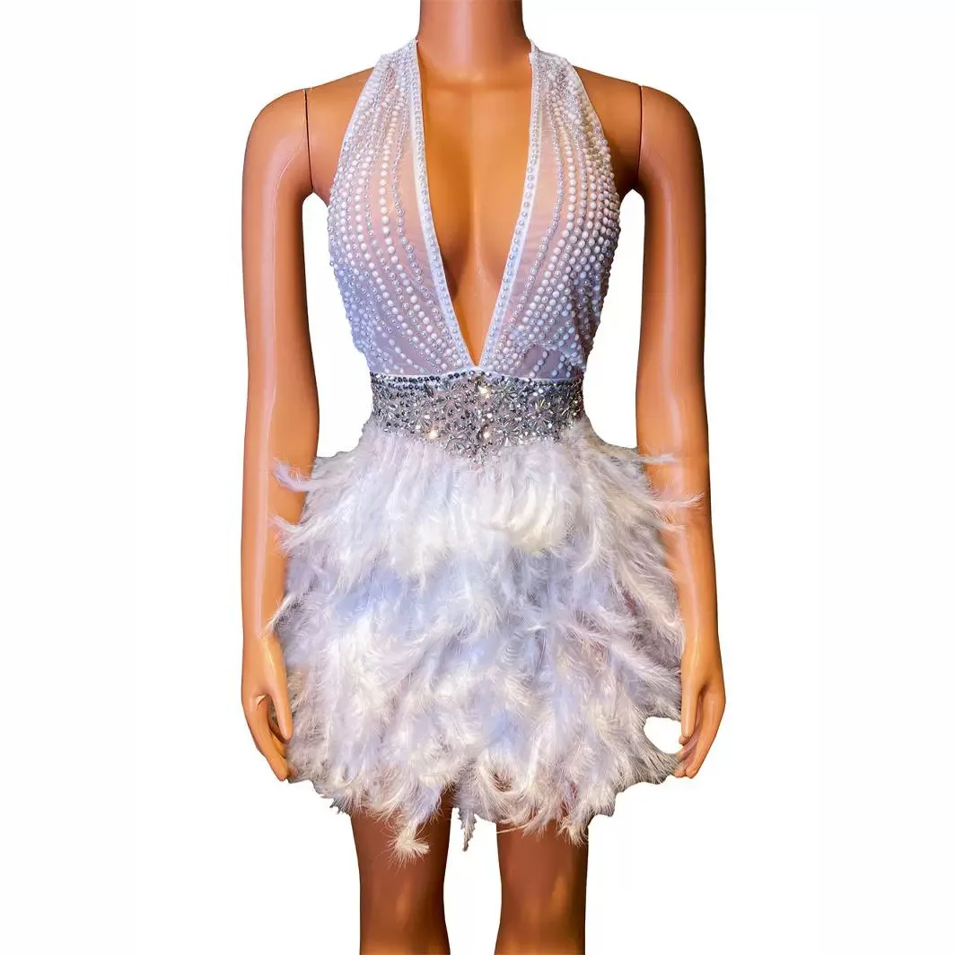 Glamorous Birthday Party Stage Costume Shiny Rhinestone Hollow Back Sexy Feather Skirt Nightclub Performance Dress for Hosting