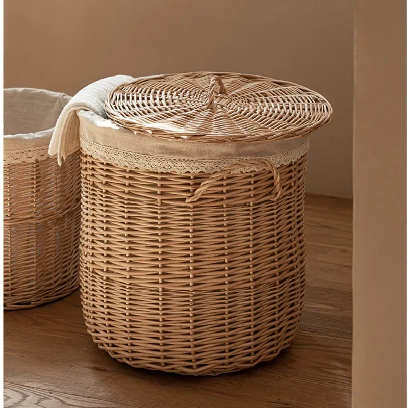 Japanese Home Laundry Basket Natural Willow Toy Basket Dust Proof With Cover Storage Basket Bathroom Clothes Organizer Box