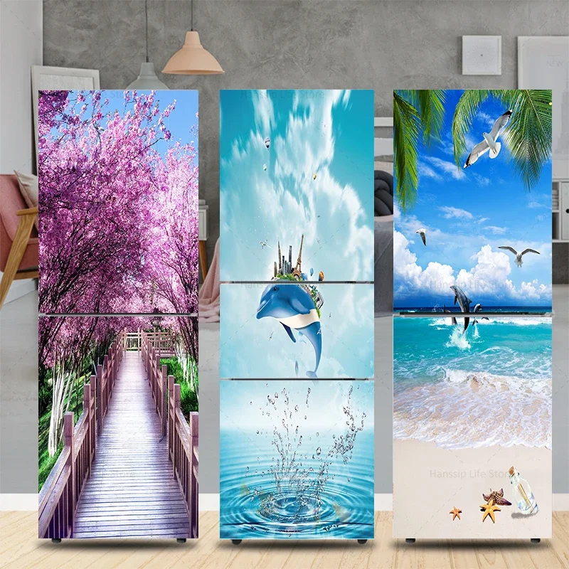 Summer Beach Fridge Mural 3D Refrigerator Stickers Waterproof Vinyl Sea View Wallpaper for Kitchen Freezer Door Cover Decoration