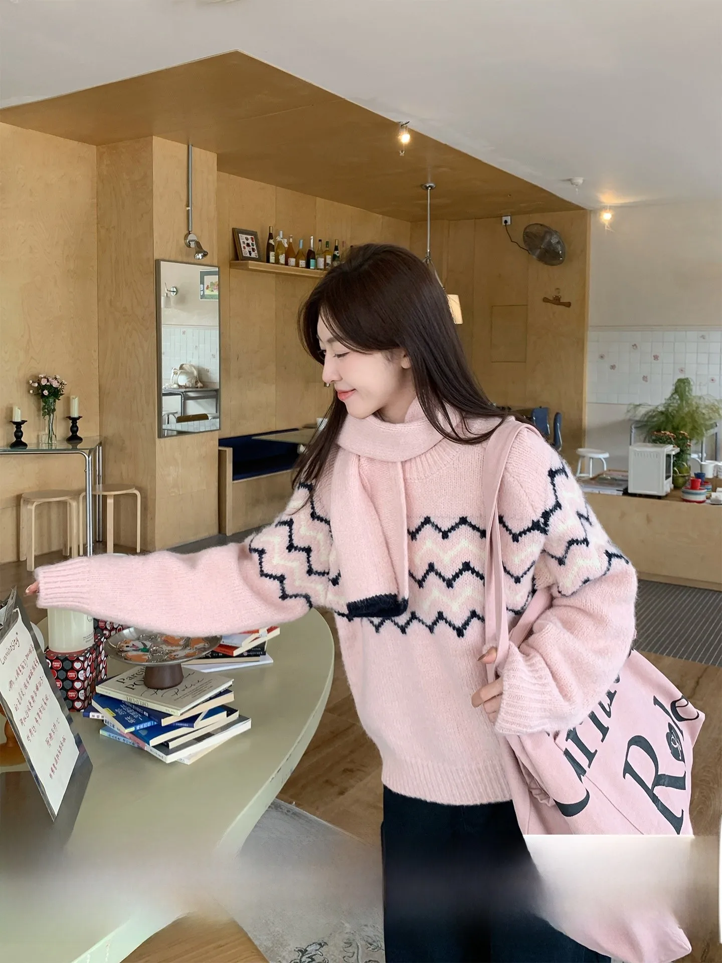 

Женский зимний свитер Morning Bloom Pink Fair Isle, вязаный в корейском стиле, мягкий, теплый, уютный, с длинными рукавами и круглым вырезом